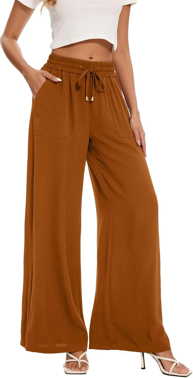 FUNYYZO 2025 Women Palazzo Pants High Waist Casual Wide Leg Long Lounge Pull On Trousers with Pocket