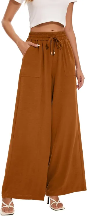 FUNYYZO 2025 Women Palazzo Pants High Waist Casual Wide Leg Long Lounge Pull On Trousers with Pocket