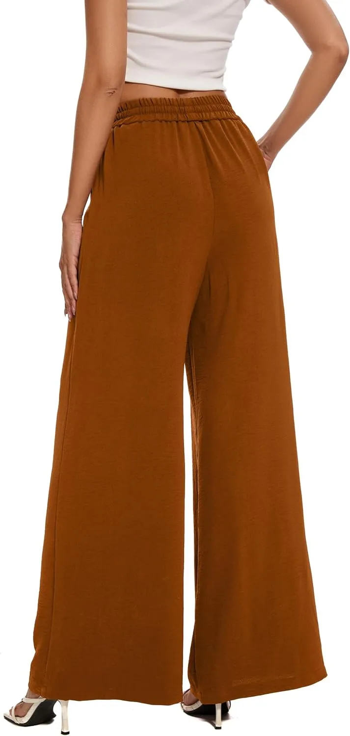 FUNYYZO 2025 Women Palazzo Pants High Waist Casual Wide Leg Long Lounge Pull On Trousers with Pocket