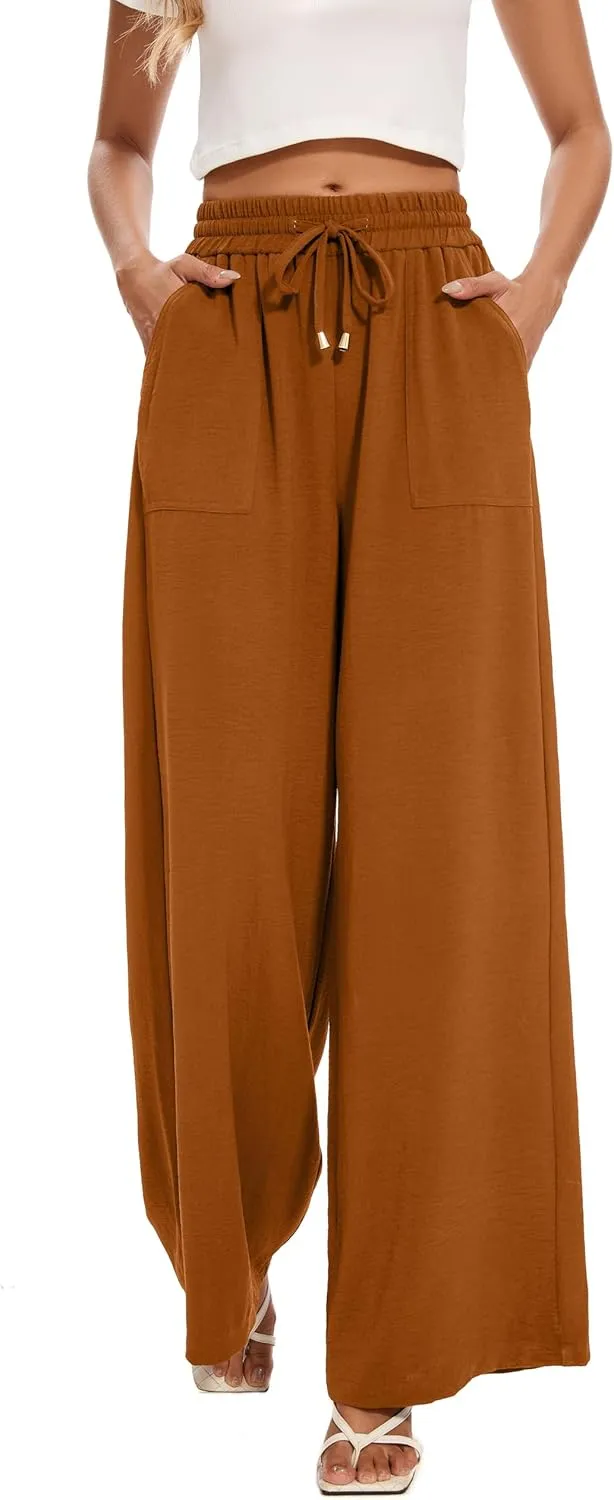 FUNYYZO 2025 Women Palazzo Pants High Waist Casual Wide Leg Long Lounge Pull On Trousers with Pocket