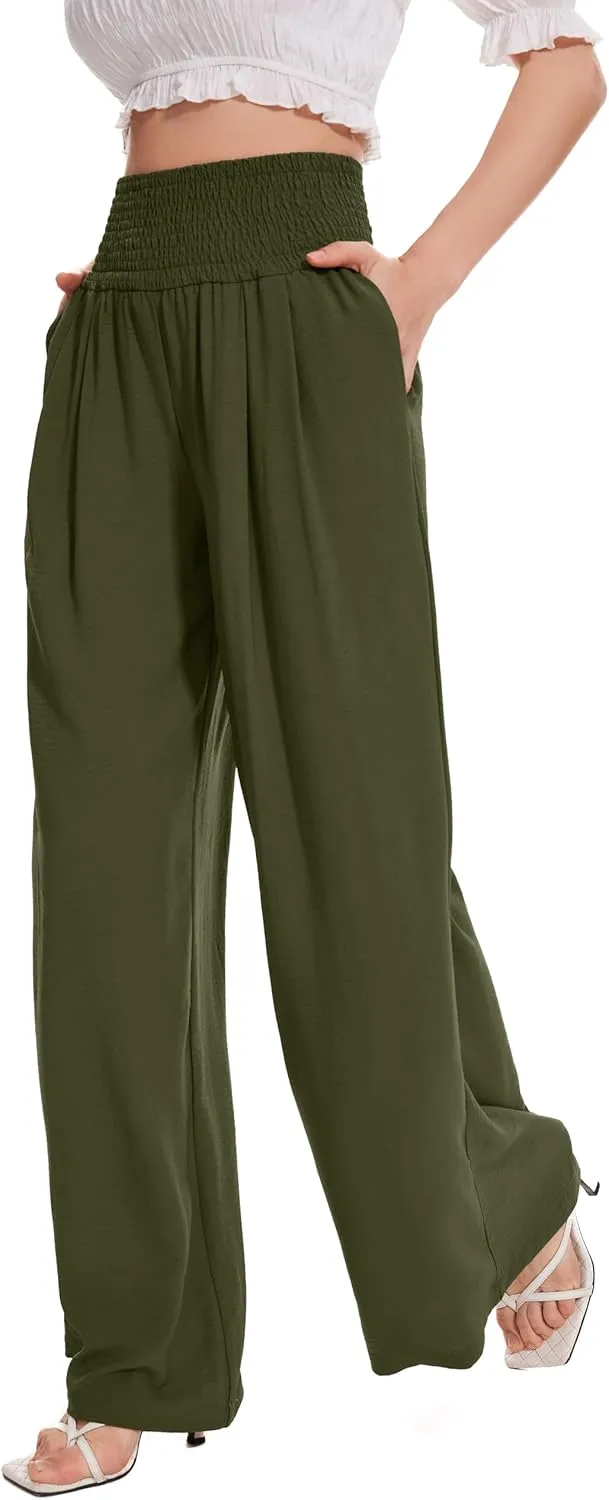 FUNYYZO Women Pull On Pants Elastic Waisted Casual Wide Leg Long Lounge Trousers with Pocket Beach Wear