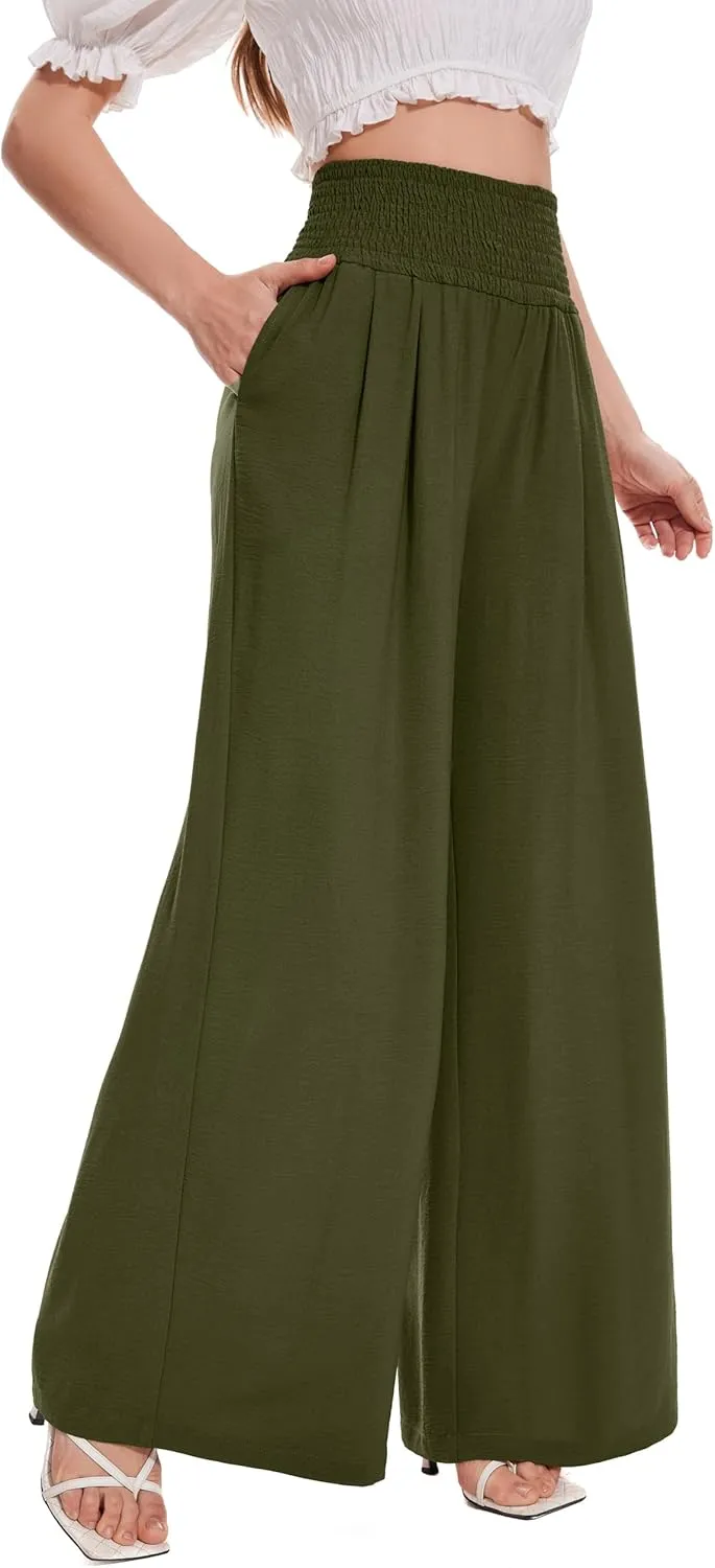 FUNYYZO Women Pull On Pants Elastic Waisted Casual Wide Leg Long Lounge Trousers with Pocket Beach Wear