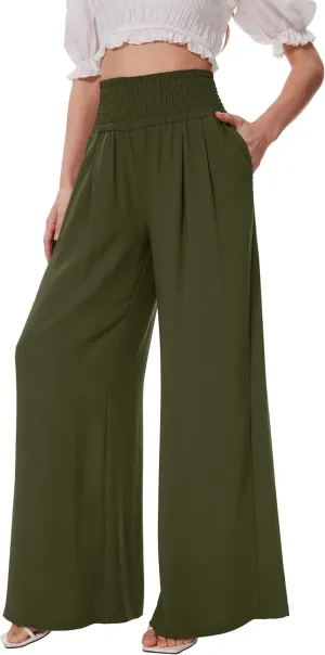 FUNYYZO Women Pull On Pants Elastic Waisted Casual Wide Leg Long Lounge Trousers with Pocket Beach Wear