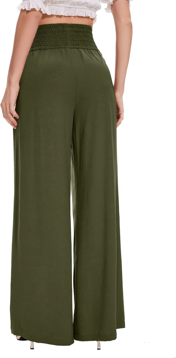 FUNYYZO Women Pull On Pants Elastic Waisted Casual Wide Leg Long Lounge Trousers with Pocket Beach Wear