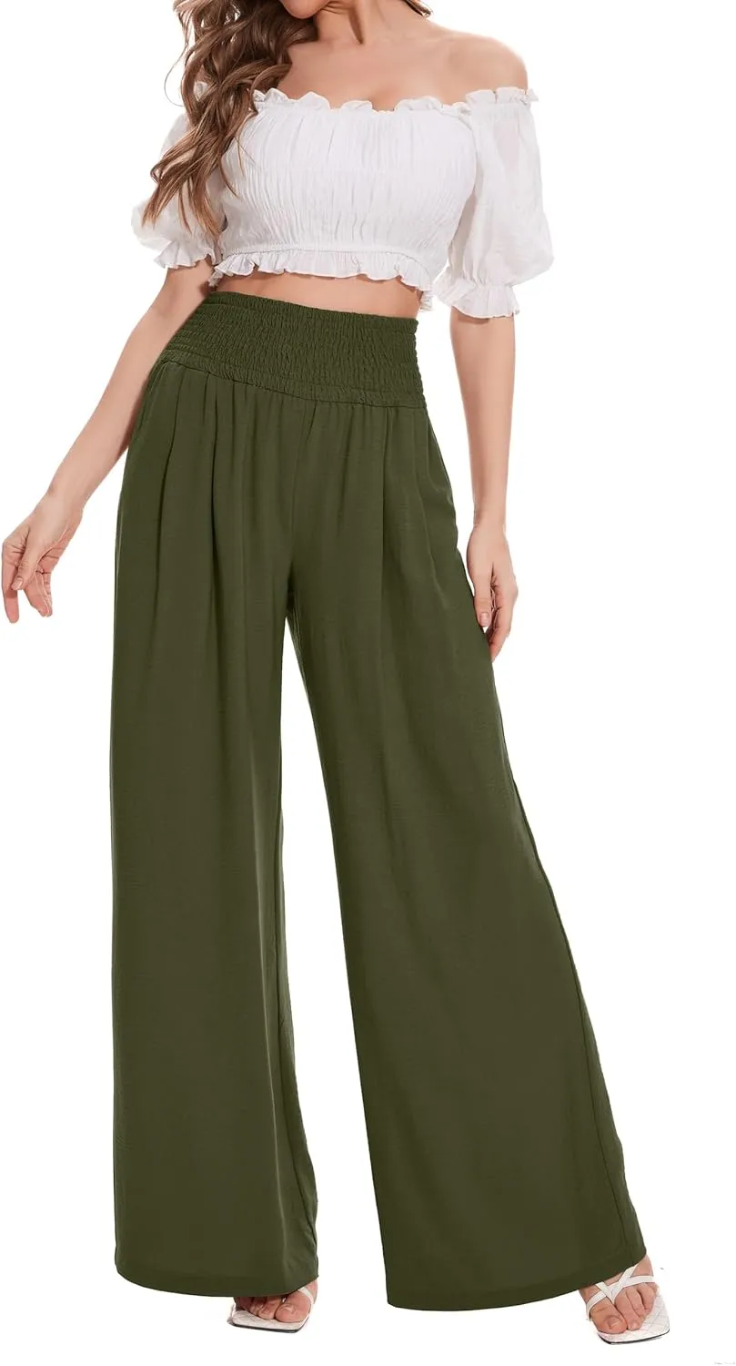 FUNYYZO Women Pull On Pants Elastic Waisted Casual Wide Leg Long Lounge Trousers with Pocket Beach Wear