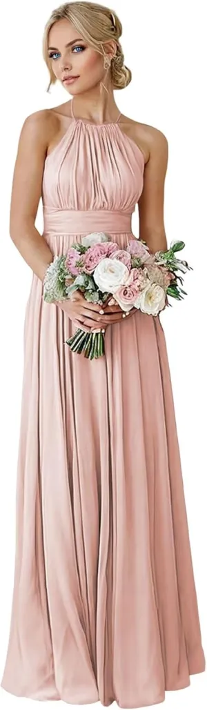 GATMAHE Bridesmaid Dresses Women's Halter Long Elegant Chiffon Formal Dress with Corset Back Evening Gown