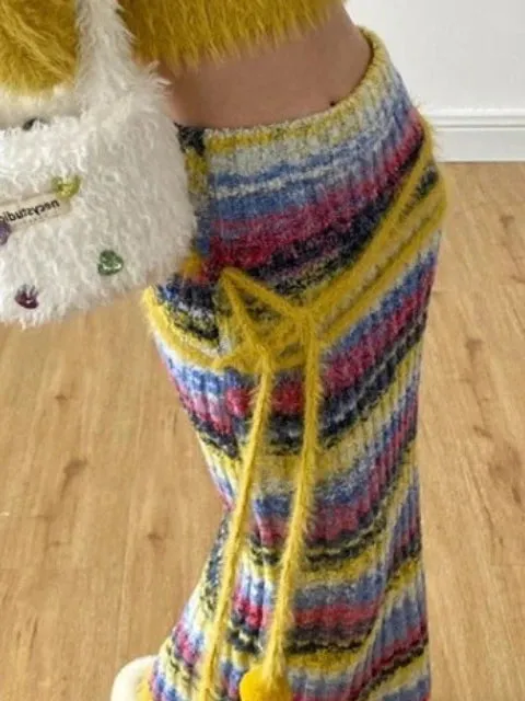 Girlary Fall Winter Clothing Chic Knit Two Piece Set Women Cropped Pullovers Tops High Waist Striped Bodycon Long Skirt Suit Casual Sets