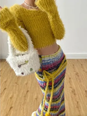 Girlary Fall Winter Clothing Chic Knit Two Piece Set Women Cropped Pullovers Tops High Waist Striped Bodycon Long Skirt Suit Casual Sets