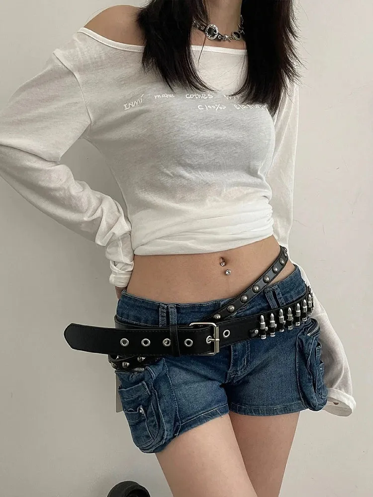 Girlary Woman Casual Jean Shorts Low Waist Denim Wash Shorts With Belt Hot Pants Patchwork Fashion Chic Y2k Gyaru American Style