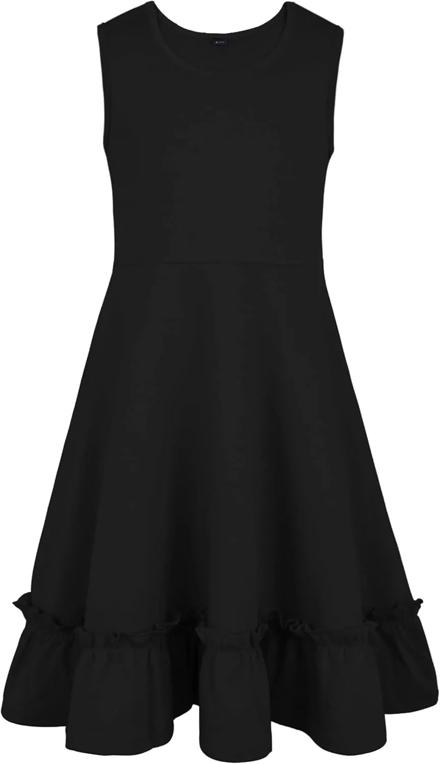Girls Summer Dress Cute Sleeveless Soild Color Ruffle Hemline Swing A-line Sundress