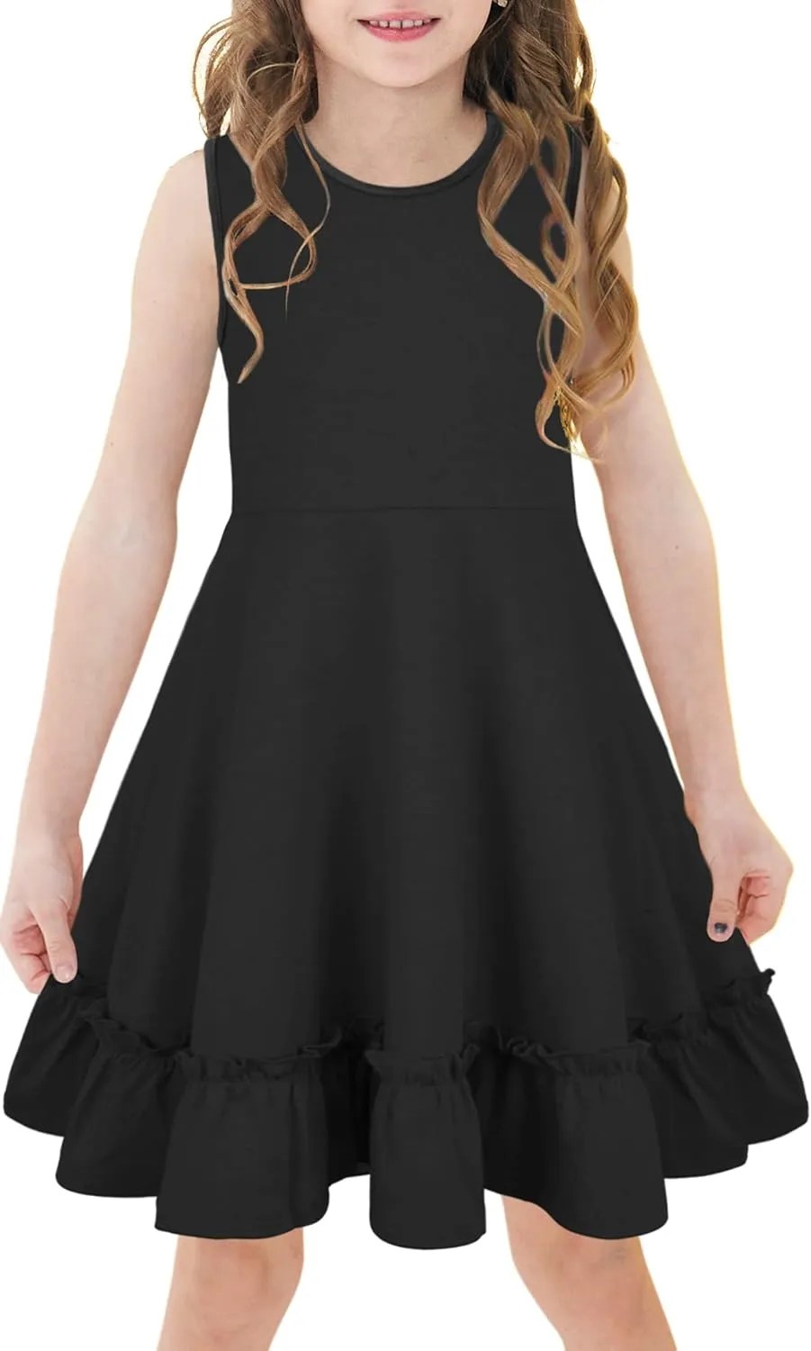 Girls Summer Dress Cute Sleeveless Soild Color Ruffle Hemline Swing A-line Sundress