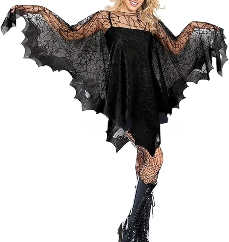Halloween Spider Cape Gothic Bat Mesh Mantle Women Girl Vampire Pullover Coat Cosplay Cloak Fancy Party Bar Costume