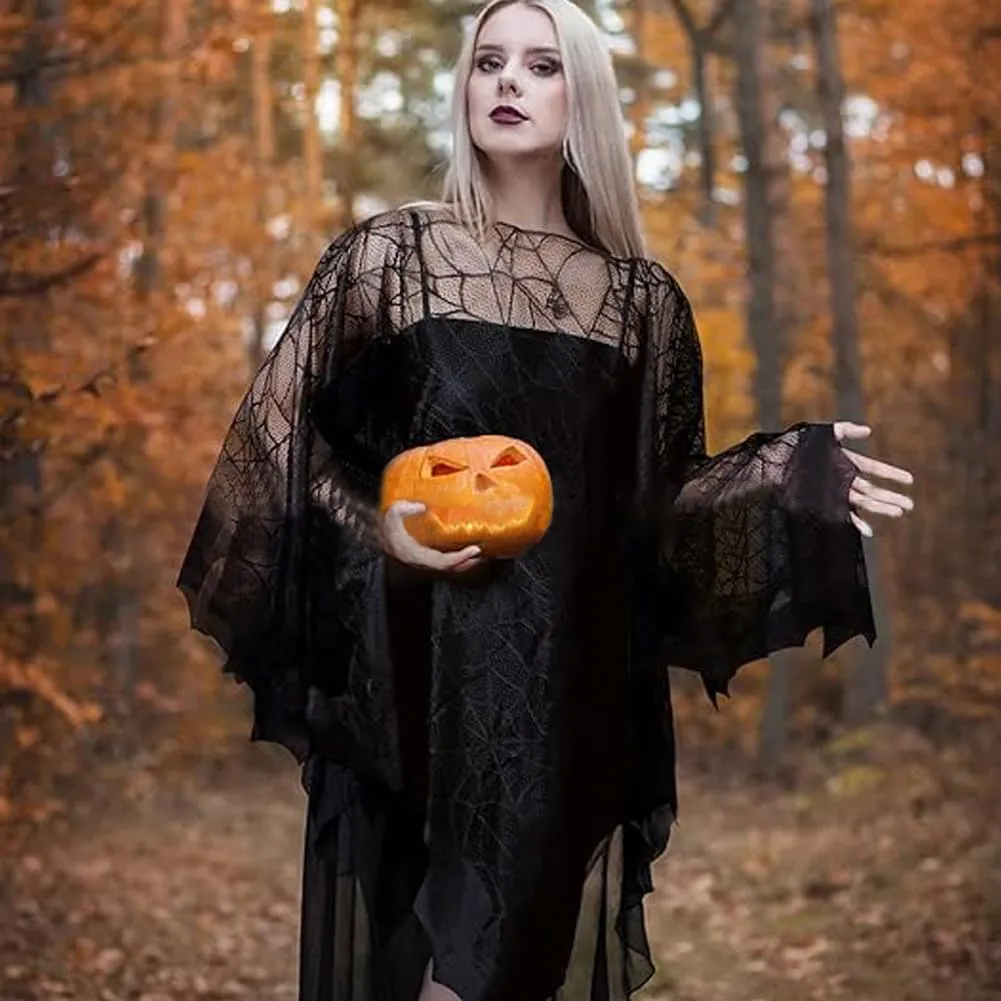 Halloween Spider Cape Gothic Bat Mesh Mantle Women Girl Vampire Pullover Coat Cosplay Cloak Fancy Party Bar Costume