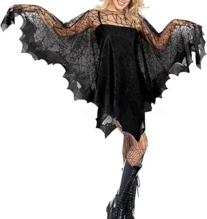 Halloween Spider Cape Gothic Bat Mesh Mantle Women Girl Vampire Pullover Coat Cosplay Cloak Fancy Party Bar Costume