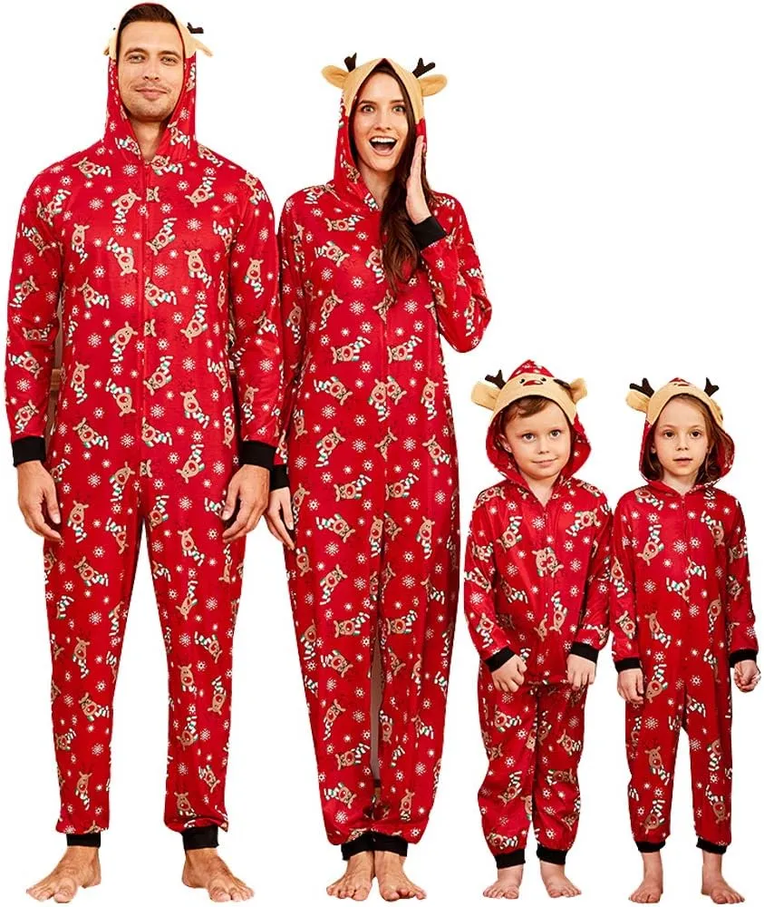 IFFEI Family Matching Christmas Pajamas Set One Piece Striped Hooded Sleepwear Santa Claus Elf Onesie Outfit