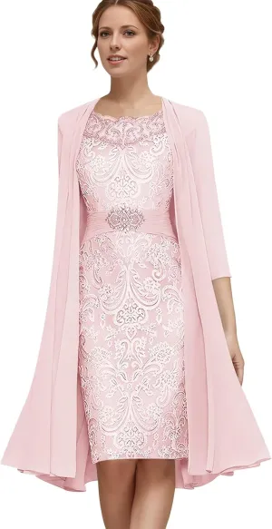 Jamille 2 Pieces Mother of The Bride Dress with Jacket Beaded Lace Appliques Evening Dress Chiffon 3/4 Sleeves JA0107
