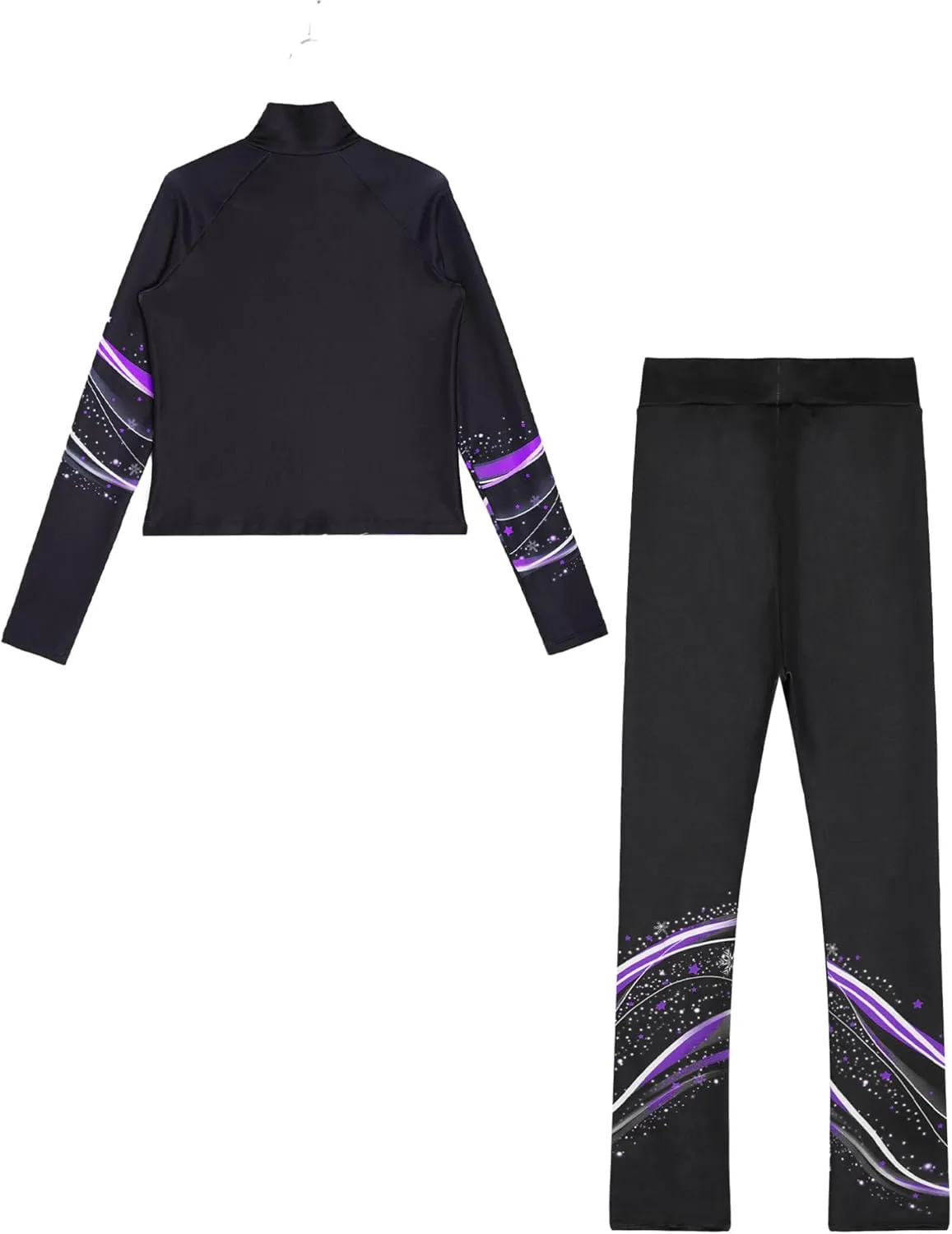 JEATHA Kids Girls Full Zip Fleece Jacket with Printed Athletic Leggings Pants Printed Figure Skating Training Outfits
