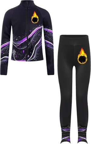 JEATHA Kids Girls Full Zip Fleece Jacket with Printed Athletic Leggings Pants Printed Figure Skating Training Outfits