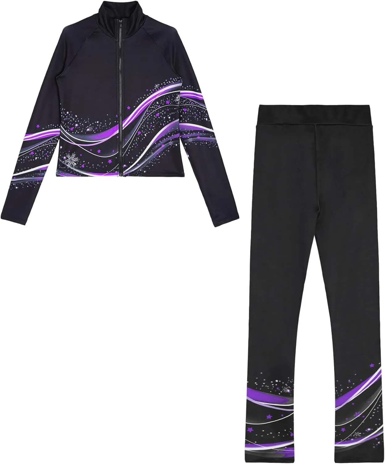 JEATHA Kids Girls Full Zip Fleece Jacket with Printed Athletic Leggings Pants Printed Figure Skating Training Outfits