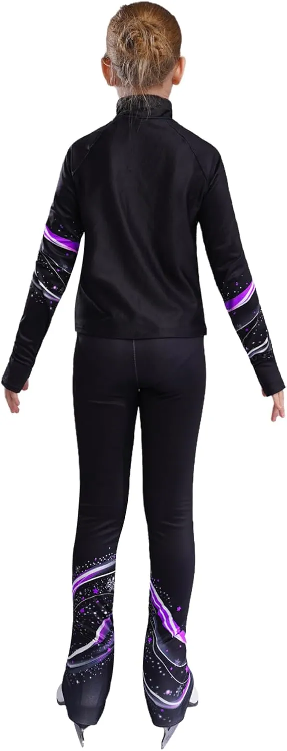 JEATHA Kids Girls Full Zip Fleece Jacket with Printed Athletic Leggings Pants Printed Figure Skating Training Outfits