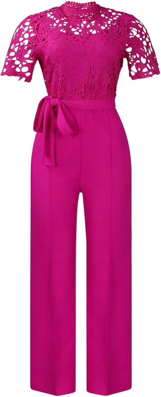 Jelory Women Elegant Jumpsuit Casual Short Sleeves Lace Hollow Wide Leg Rompers Straight Long Pants Club Outfits