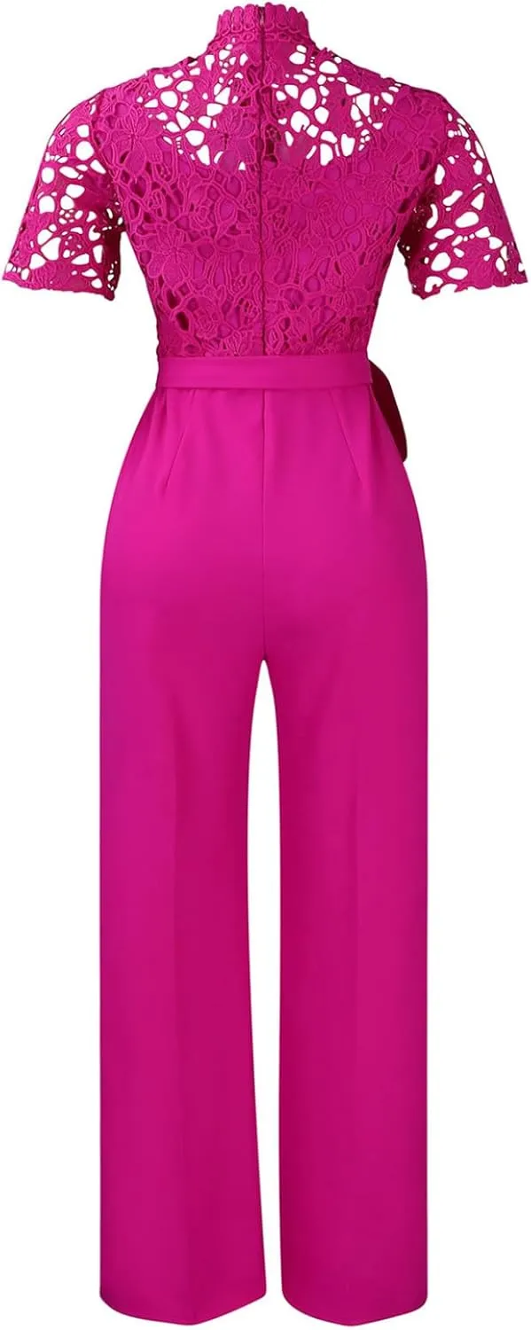 Jelory Women Elegant Jumpsuit Casual Short Sleeves Lace Hollow Wide Leg Rompers Straight Long Pants Club Outfits