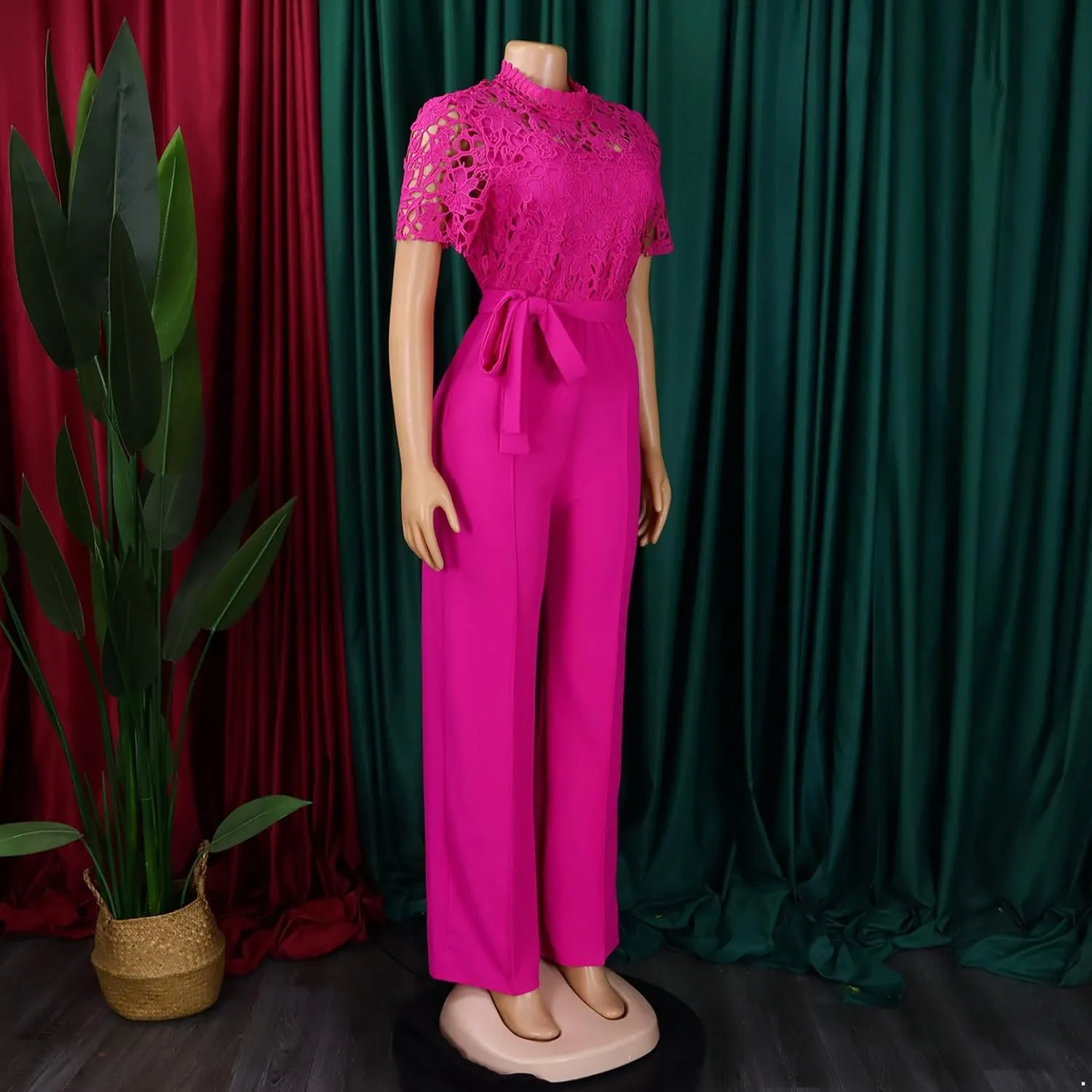 Jelory Women Elegant Jumpsuit Casual Short Sleeves Lace Hollow Wide Leg Rompers Straight Long Pants Club Outfits