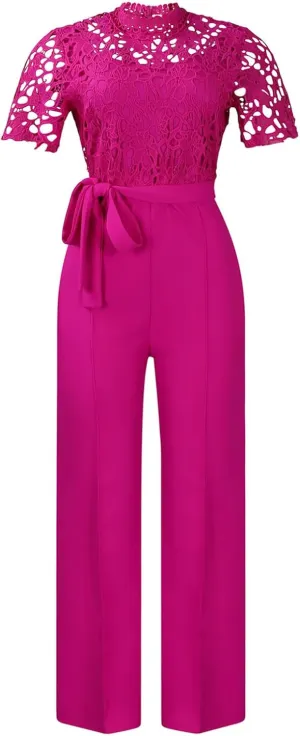 Jelory Women Elegant Jumpsuit Casual Short Sleeves Lace Hollow Wide Leg Rompers Straight Long Pants Club Outfits