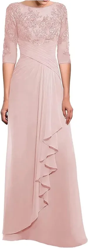 Lace Applique Mother of The Bride Dresses with Sleeves Ruched Long Formal Evening Dress for Wedding Guest