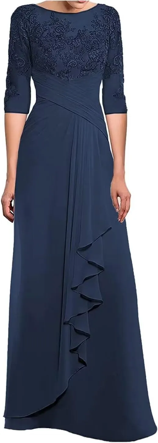 Lace Applique Mother of The Bride Dresses with Sleeves Ruched Long Formal Evening Dress for Wedding Guest