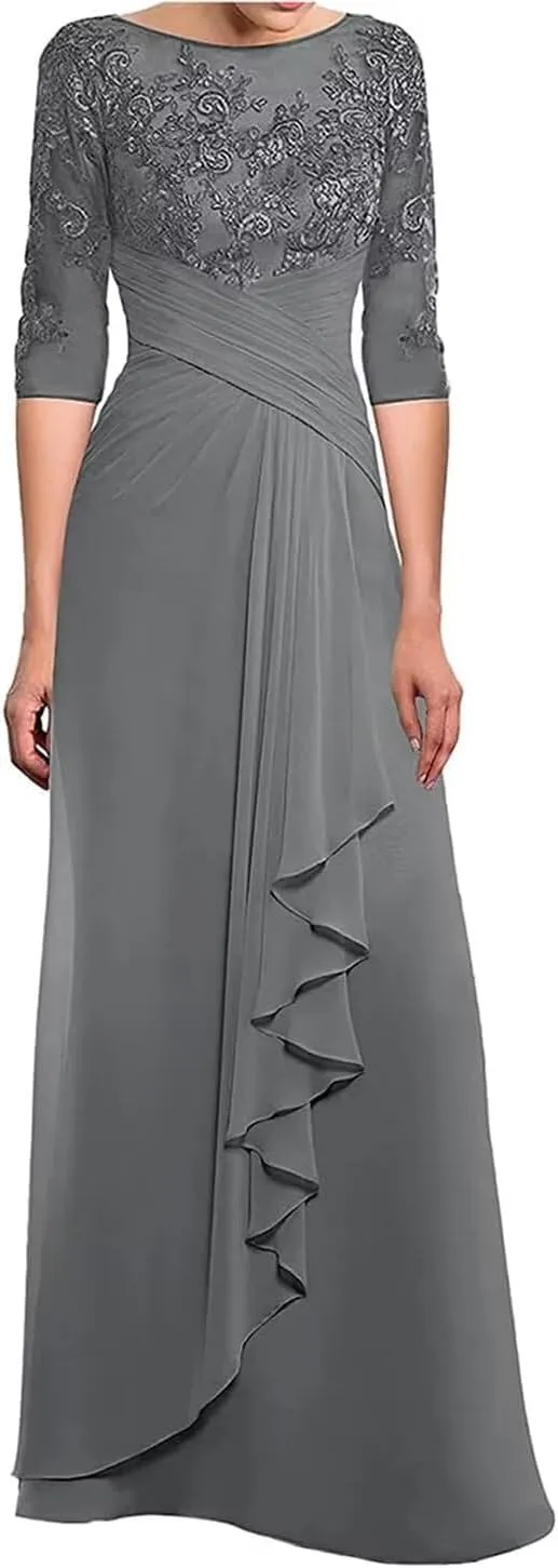 Lace Applique Mother of The Bride Dresses with Sleeves Ruched Long Formal Evening Dress for Wedding Guest