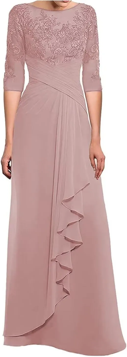 Lace Applique Mother of The Bride Dresses with Sleeves Ruched Long Formal Evening Dress for Wedding Guest