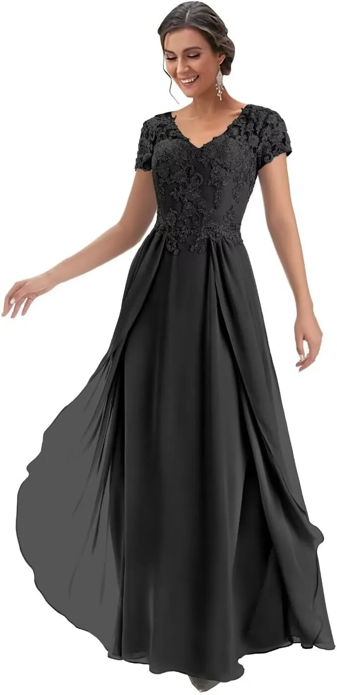 Lace Appliques Mother of The Bride Dresses for Women Chiffon A-Line Long Formal Dress with Sleeves
