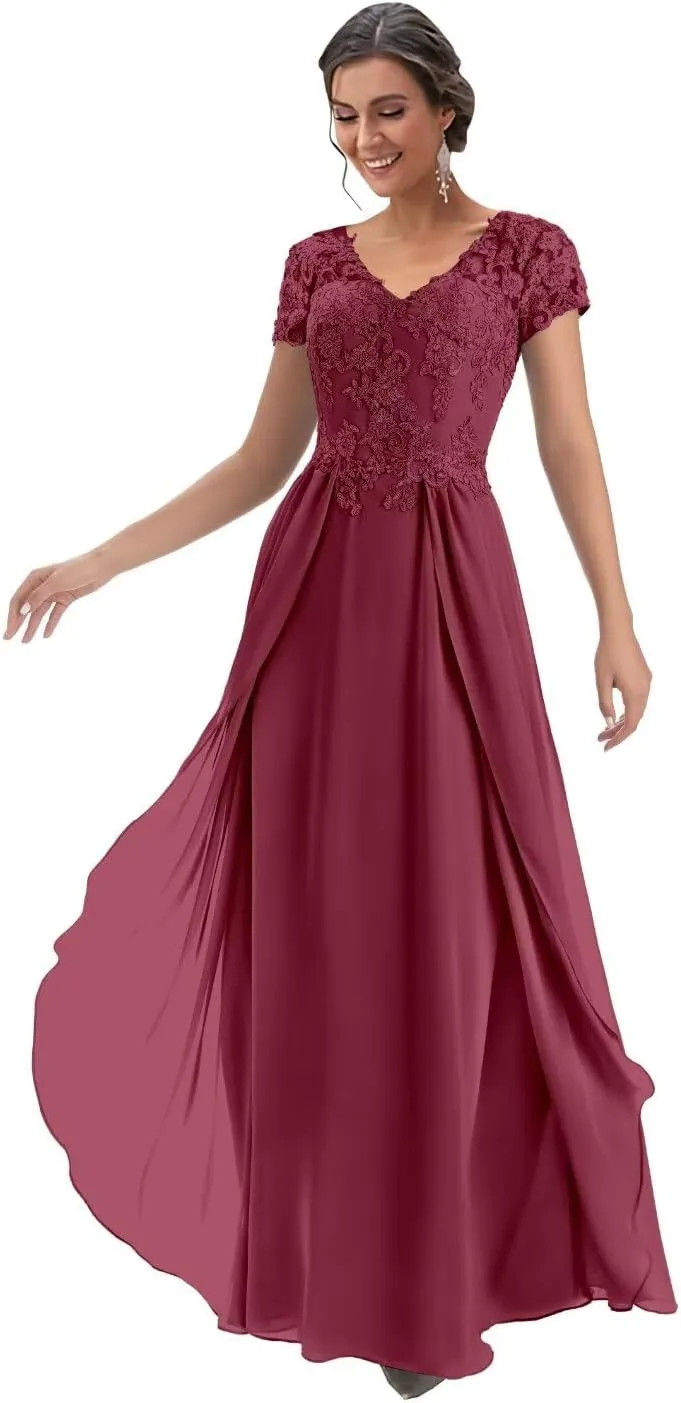 Lace Appliques Mother of The Bride Dresses for Women Chiffon A-Line Long Formal Dress with Sleeves