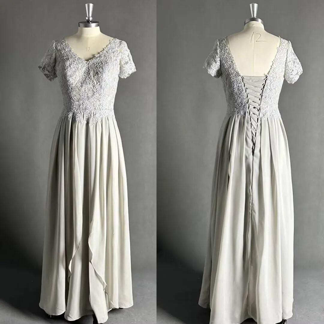 Lace Appliques Mother of The Bride Dresses for Women Chiffon A-Line Long Formal Dress with Sleeves