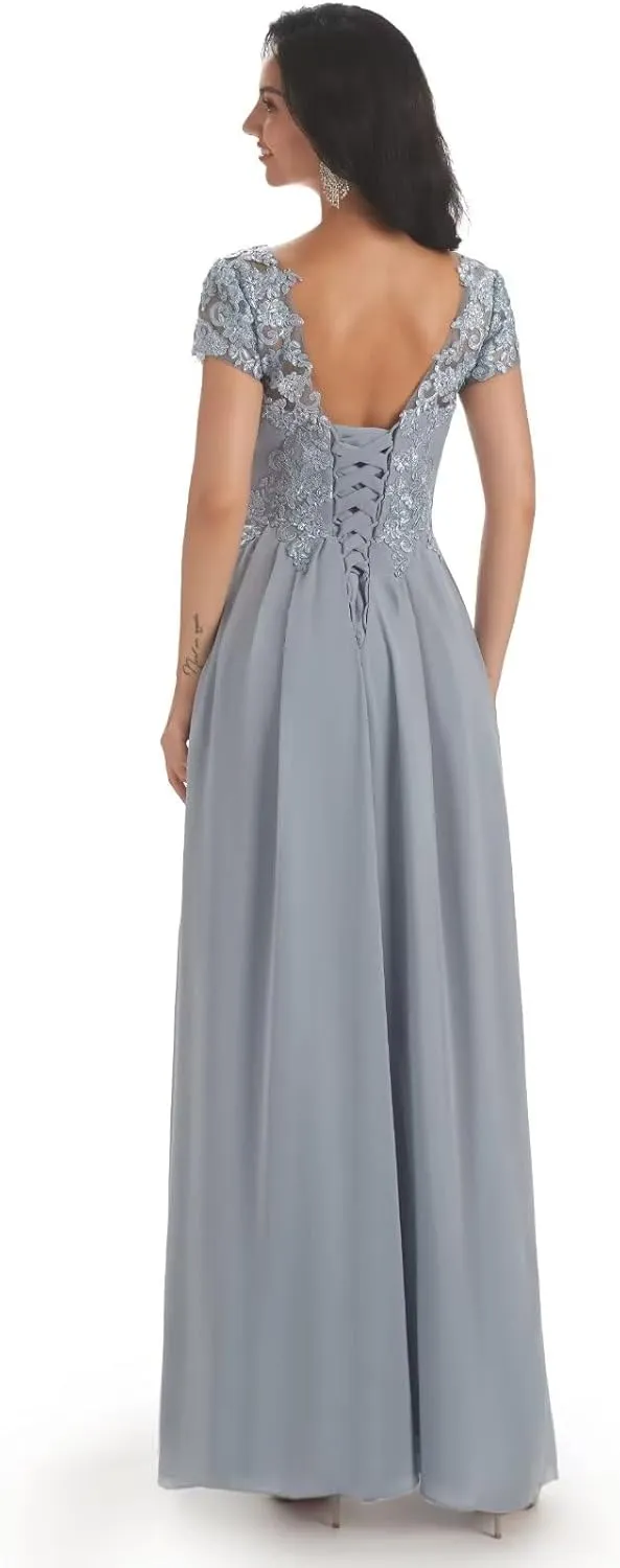 Lace Appliques Mother of The Bride Dresses for Women Chiffon A-Line Long Formal Dress with Sleeves