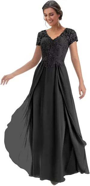 Lace Appliques Mother of The Bride Dresses for Women Chiffon A-Line Long Formal Dress with Sleeves