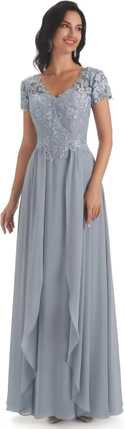 Lace Appliques Mother of The Bride Dresses for Women Chiffon A-Line Long Formal Dress with Sleeves