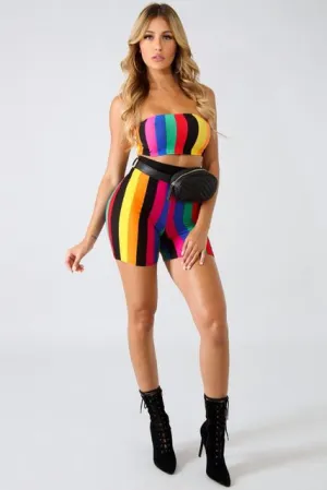 Ladies 2 piece stripe crop top shorts set