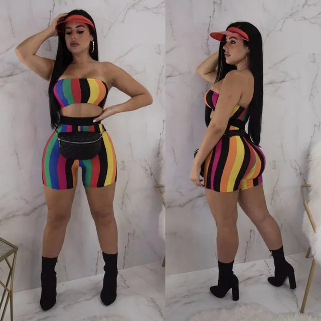 Ladies 2 piece stripe crop top shorts set