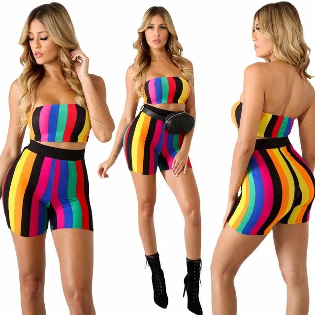 Ladies 2 piece stripe crop top shorts set