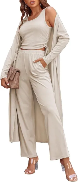 Ladies 3 Piece Long Sleeve Soft Set Hide Belly Fat Formal Sweatsuit Open Front Casual Cardigan