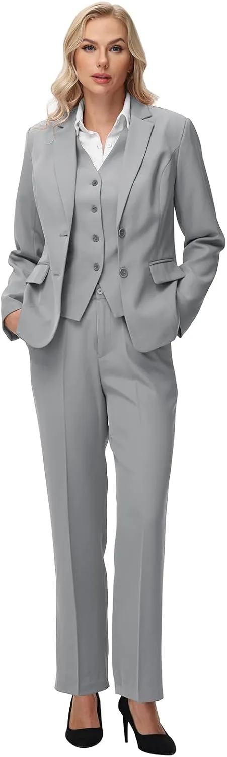 Lamgool Women 3 Piece Suit Single Breasted Blazer Formal Business Pantsuit Office Lady Tuxedo Set