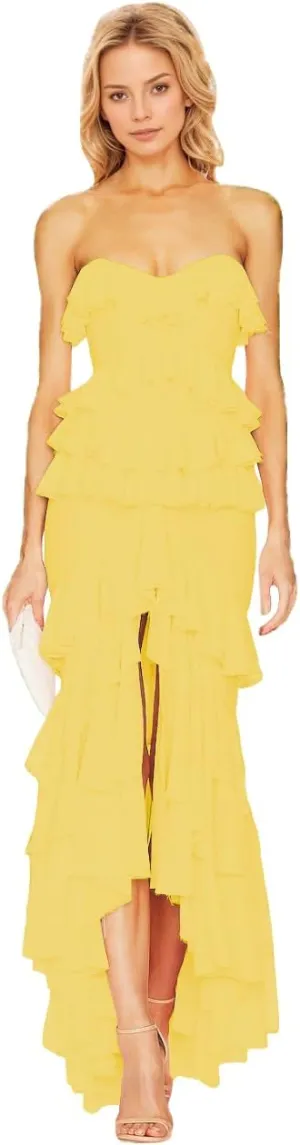 Lawrncedw Strapless Ruched Prom Dresses Chiffon Ruffles Bridesmaid Dresses Sweetheart Formal Evening Party Gown with Slit