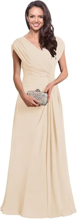 Leeskoot Chiffon Mother of The Bride Dresses with Sleeves V Neck Ruffles A Line Long Formal Wedding Guest Dress