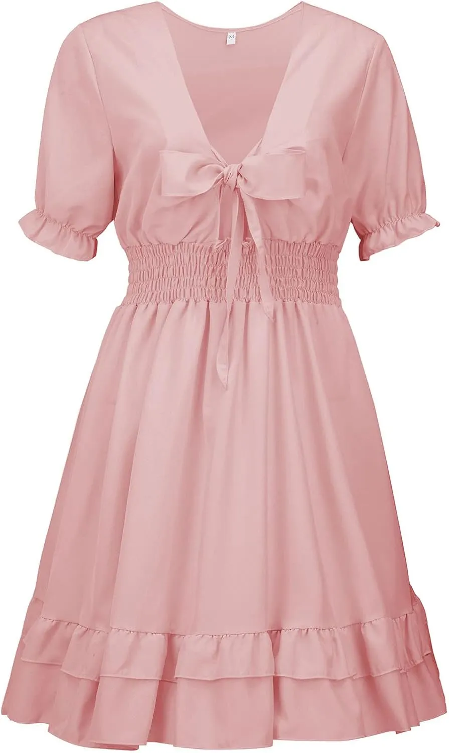 LFEOOST Tie Front Dress for Women Sexy Casual Deep V Neck Short Sleeve Pleated Elastic Waist Layered Ruffle Swing Mini Dress