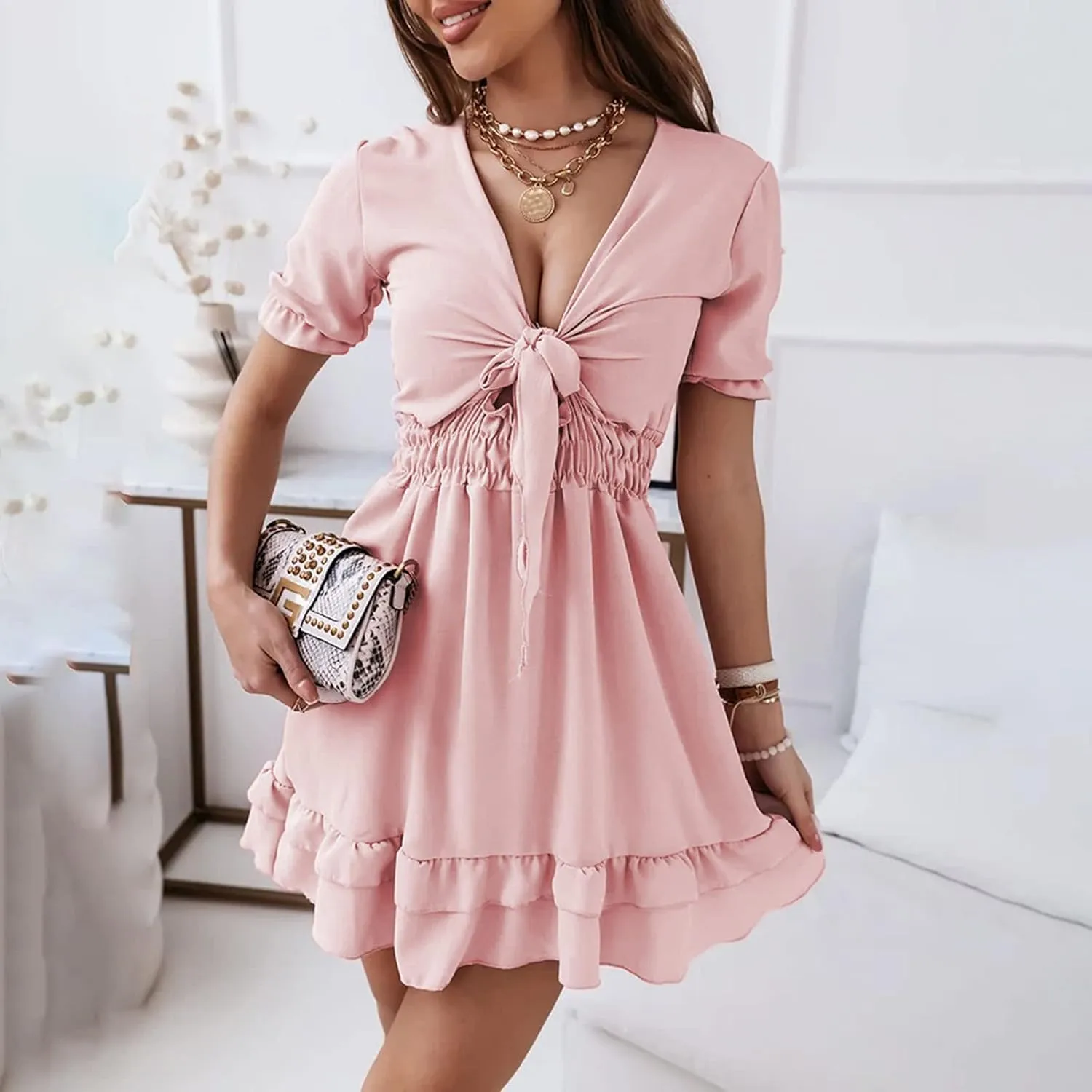 LFEOOST Tie Front Dress for Women Sexy Casual Deep V Neck Short Sleeve Pleated Elastic Waist Layered Ruffle Swing Mini Dress