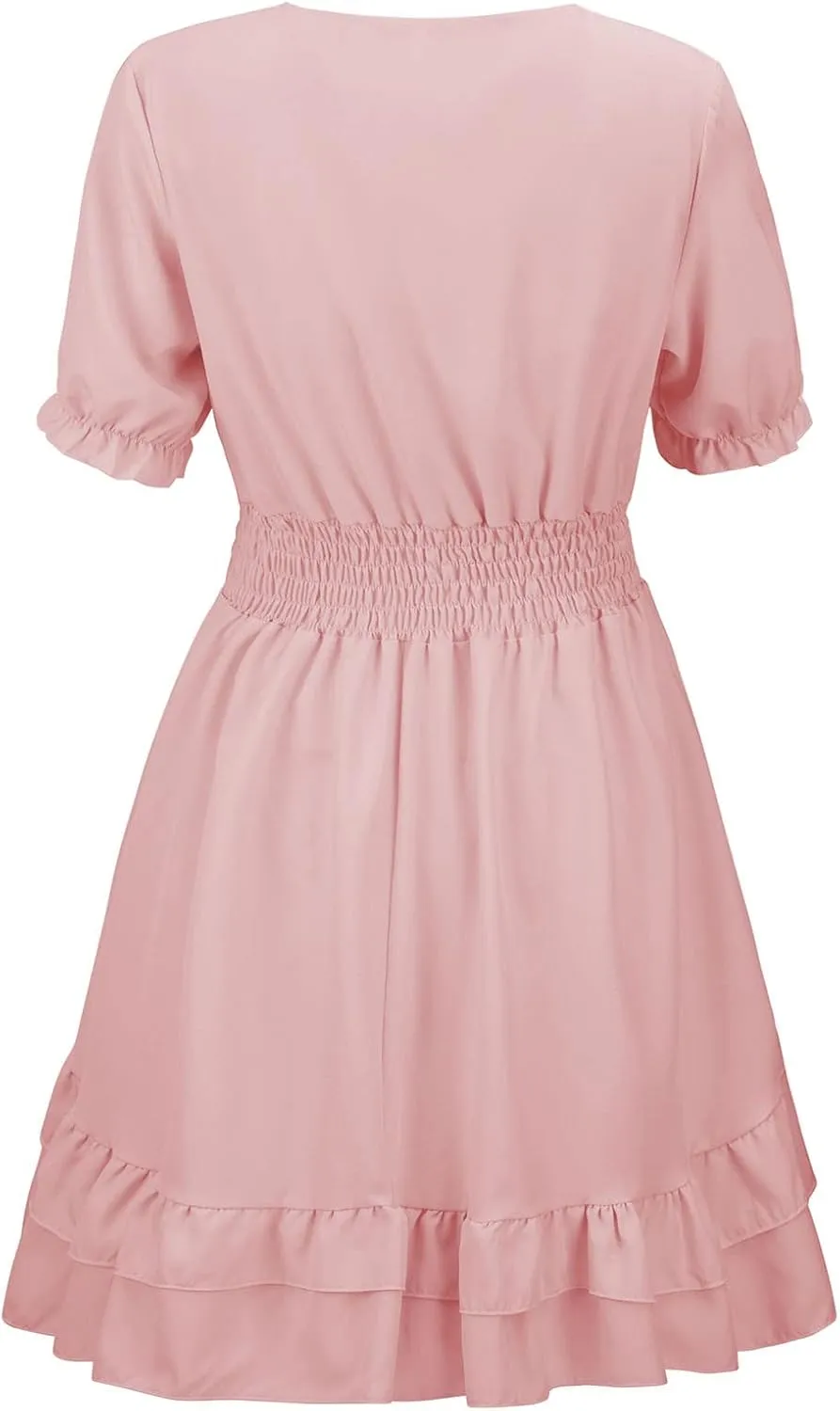 LFEOOST Tie Front Dress for Women Sexy Casual Deep V Neck Short Sleeve Pleated Elastic Waist Layered Ruffle Swing Mini Dress