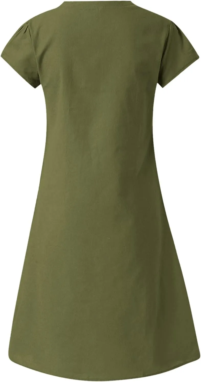 Linen Dresses for Women 2025 Summer Casual V-Neck A Line Dress Trendy Cap Sleeve Sun Dresses Vacation Beach Clothing