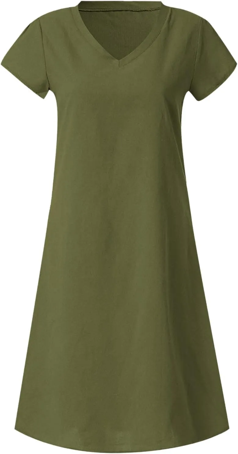 Linen Dresses for Women 2025 Summer Casual V-Neck A Line Dress Trendy Cap Sleeve Sun Dresses Vacation Beach Clothing